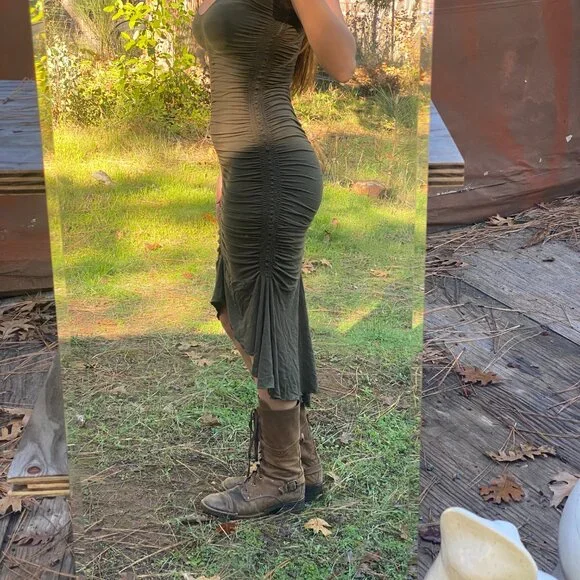 Fairy core / boho Ruched Olive Green Dress (Hati Hati Leom Designs Dress) - Picture 4 of 6